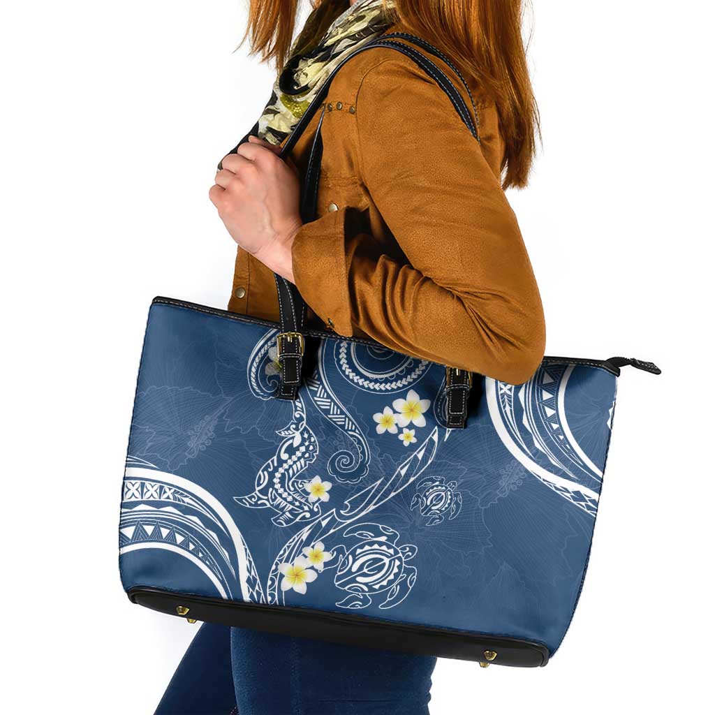 Polynesia Tribal Leather Tote Bag Deep Blue Plumeria Tentacles