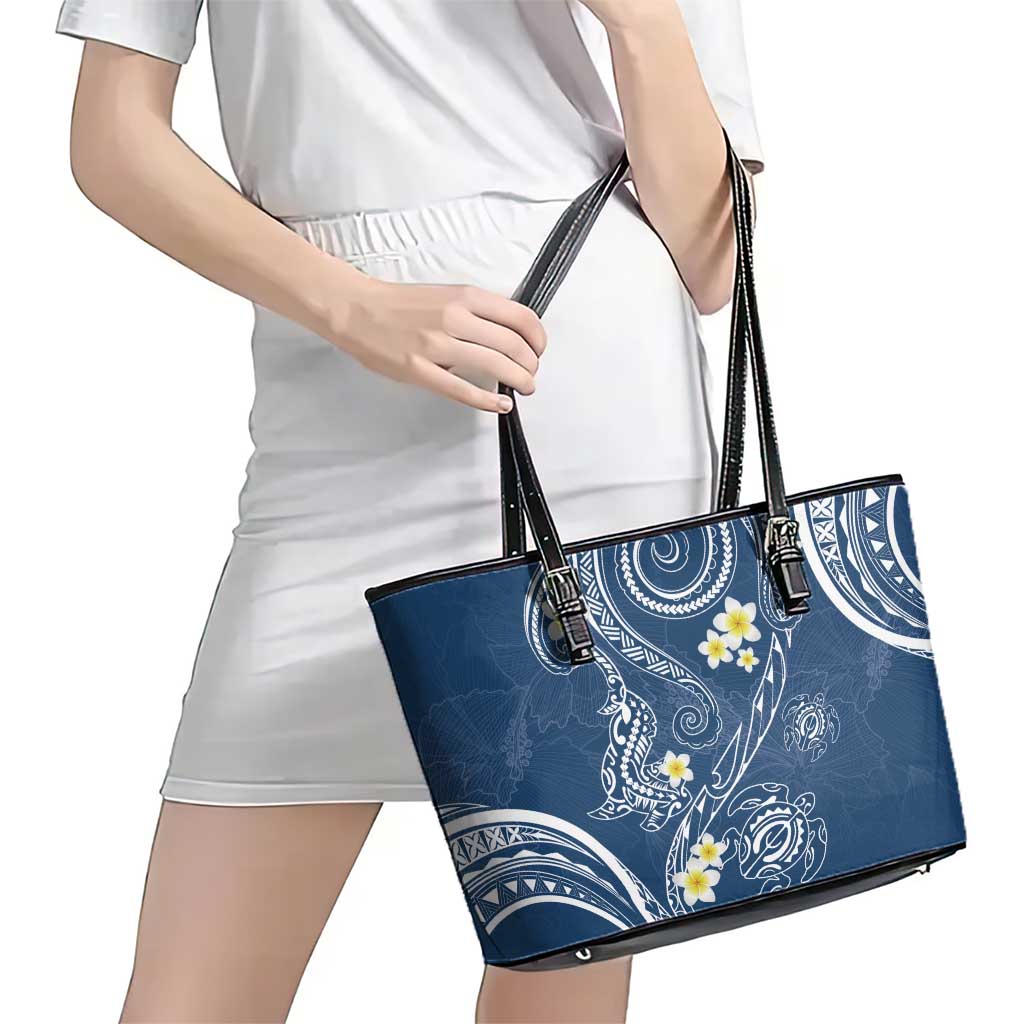 Polynesia Tribal Leather Tote Bag Deep Blue Plumeria Tentacles