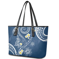 Polynesia Tribal Leather Tote Bag Deep Blue Plumeria Tentacles