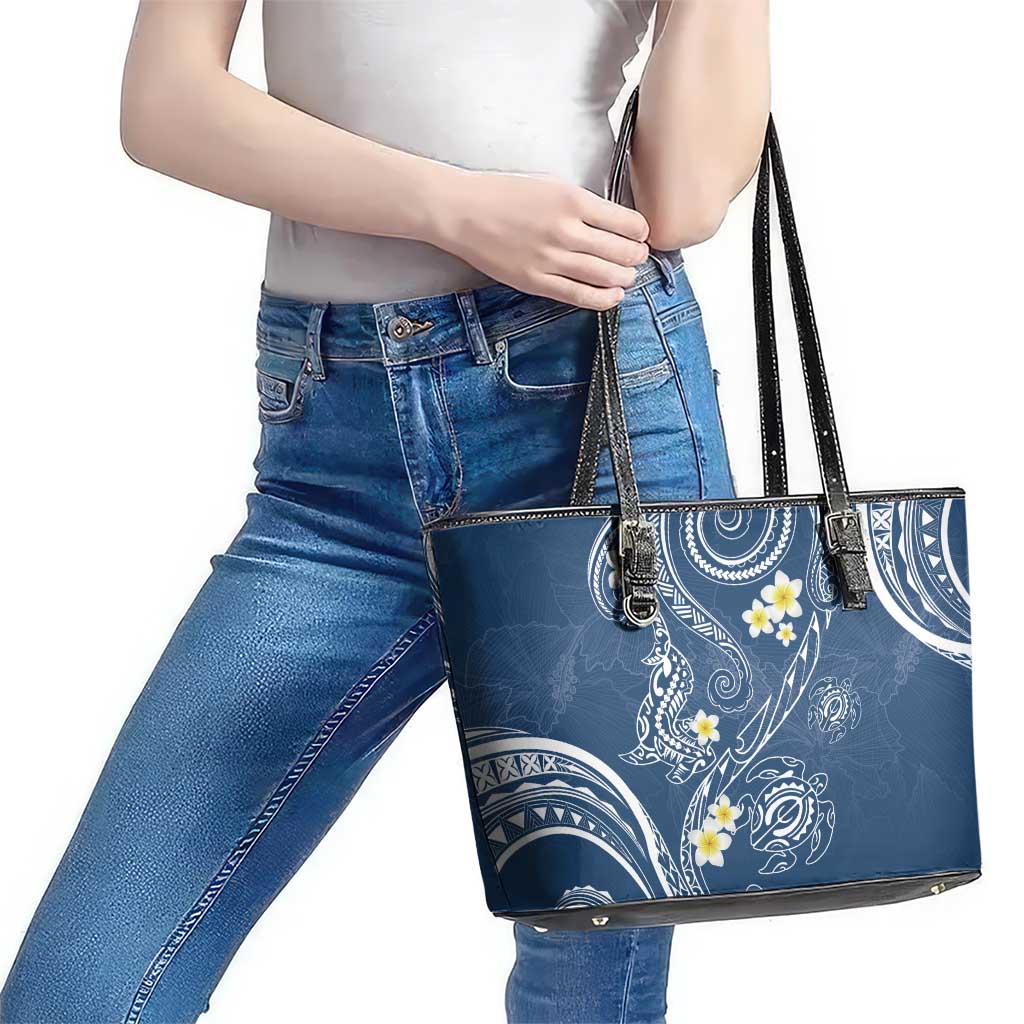 Polynesia Tribal Leather Tote Bag Deep Blue Plumeria Tentacles