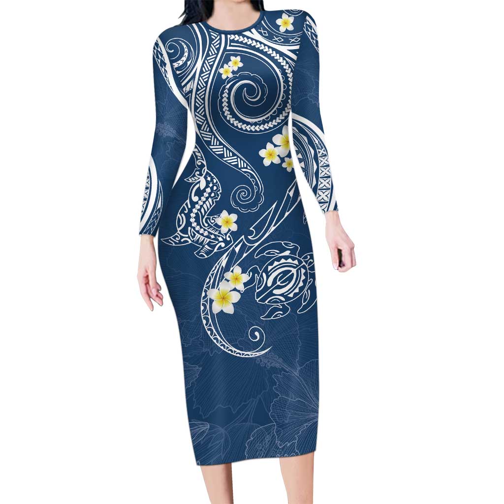 Polynesia Tribal Long Sleeve Bodycon Dress Deep Blue Plumeria Tentacles