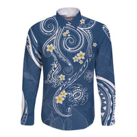 Polynesia Tribal Long Sleeve Button Shirt Deep Blue Plumeria Tentacles