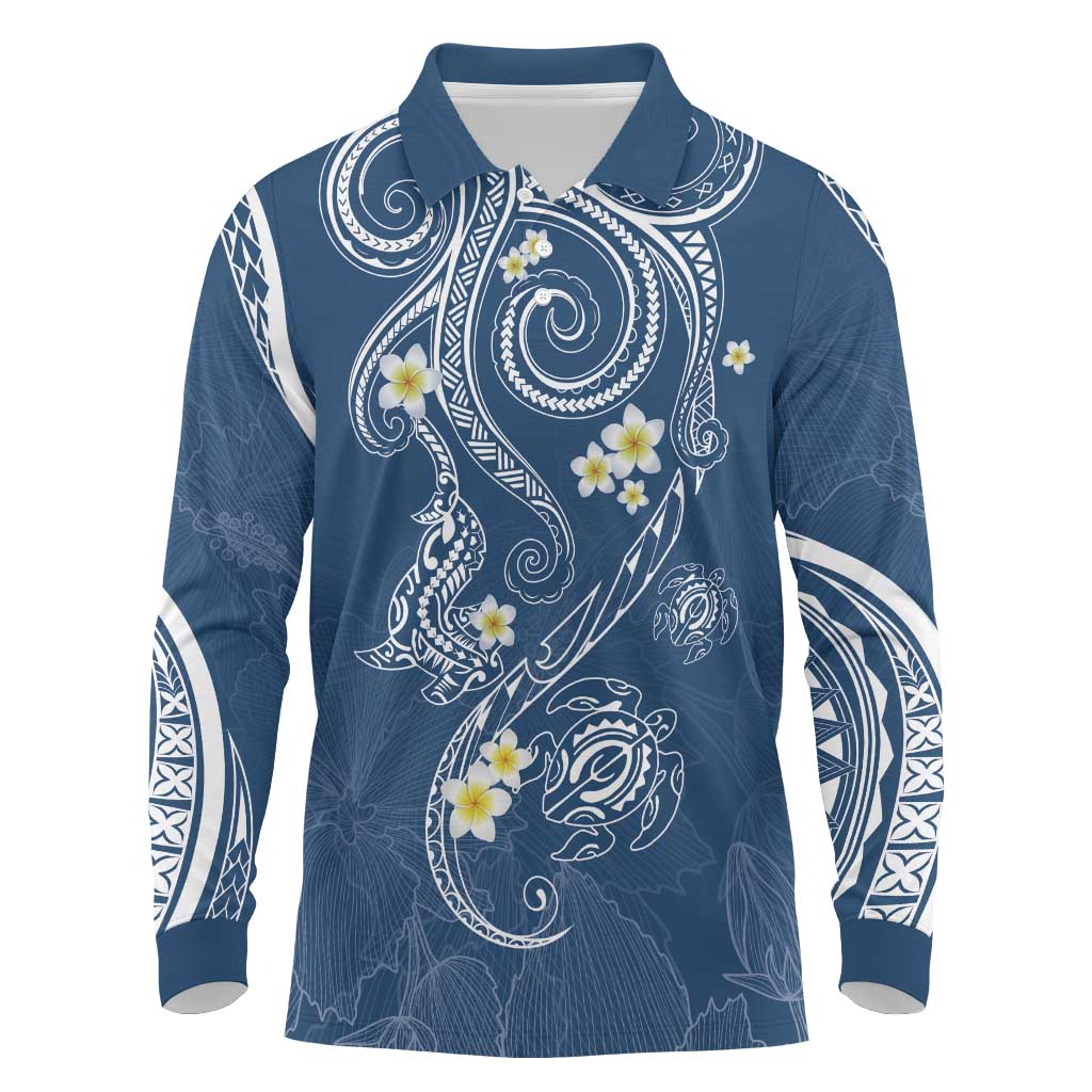 Polynesia Tribal Long Sleeve Polo Shirt Deep Blue Plumeria Tentacles LT7 Blue - Polynesian Pride