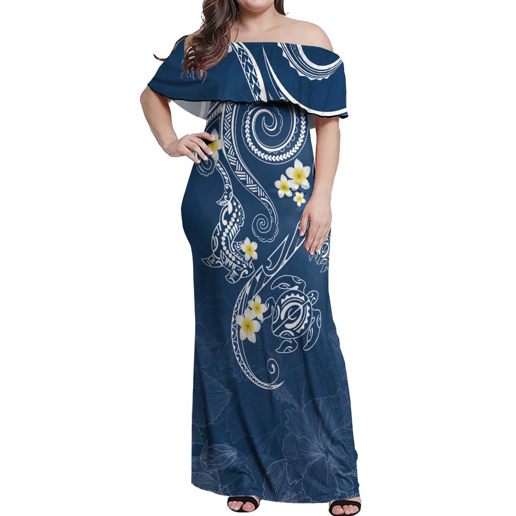 Polynesia Tribal Off Shoulder Maxi Dress Deep Blue Plumeria Tentacles