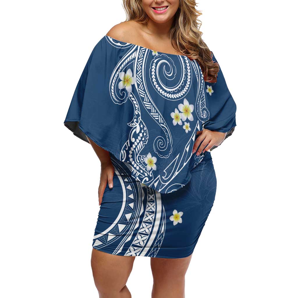 Polynesia Tribal Off Shoulder Short Dress Deep Blue Plumeria Tentacles