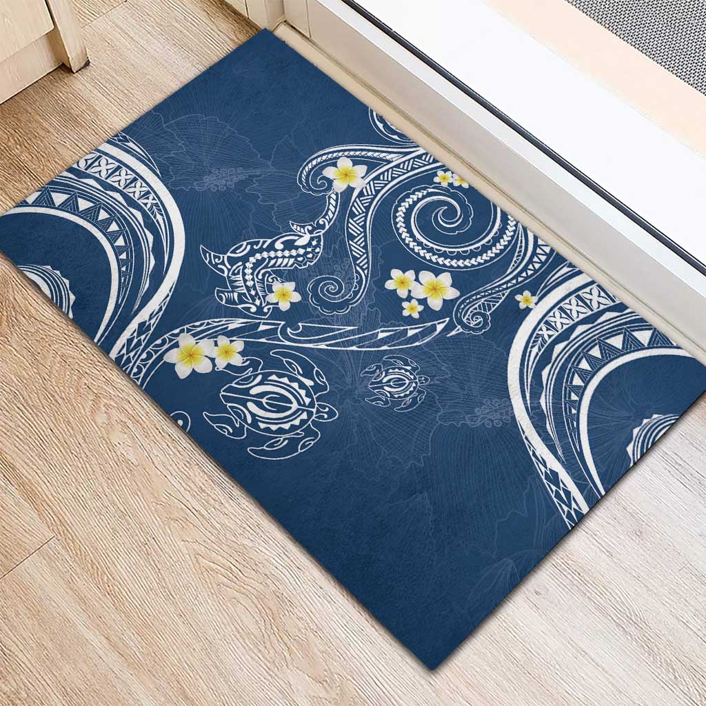 Polynesia Tribal Rubber Doormat Deep Blue Plumeria Tentacles