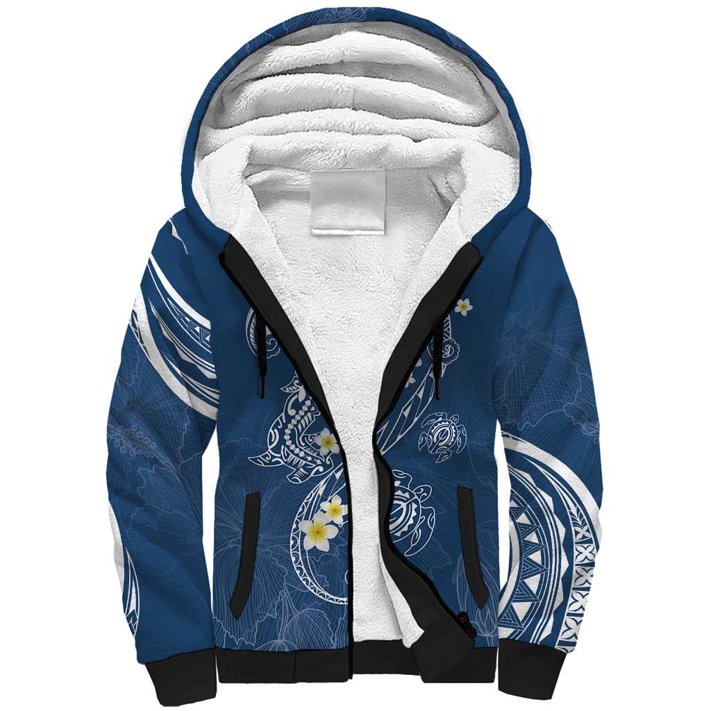 Polynesia Tribal Sherpa Hoodie Deep Blue Plumeria Tentacles