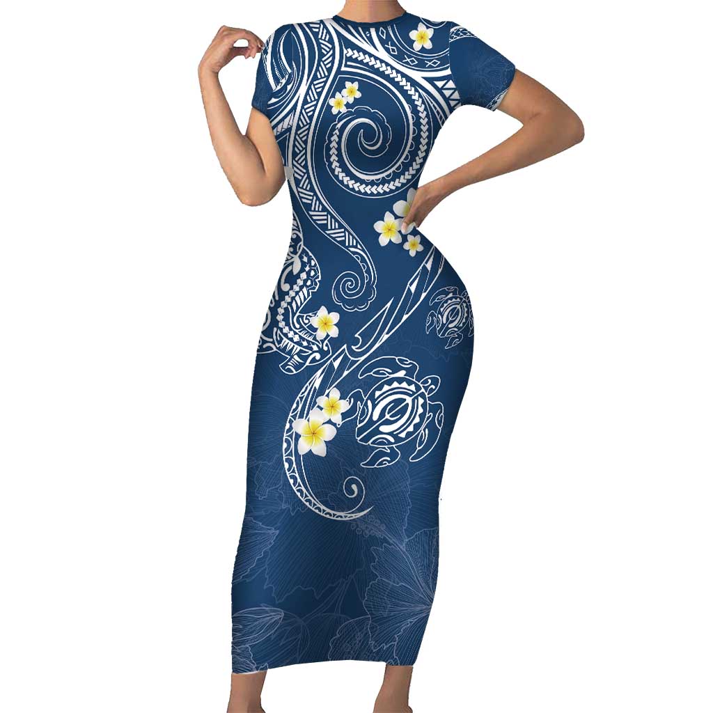 Polynesia Tribal Short Sleeve Bodycon Dress Deep Blue Plumeria Tentacles