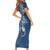 Polynesia Tribal Short Sleeve Bodycon Dress Deep Blue Plumeria Tentacles