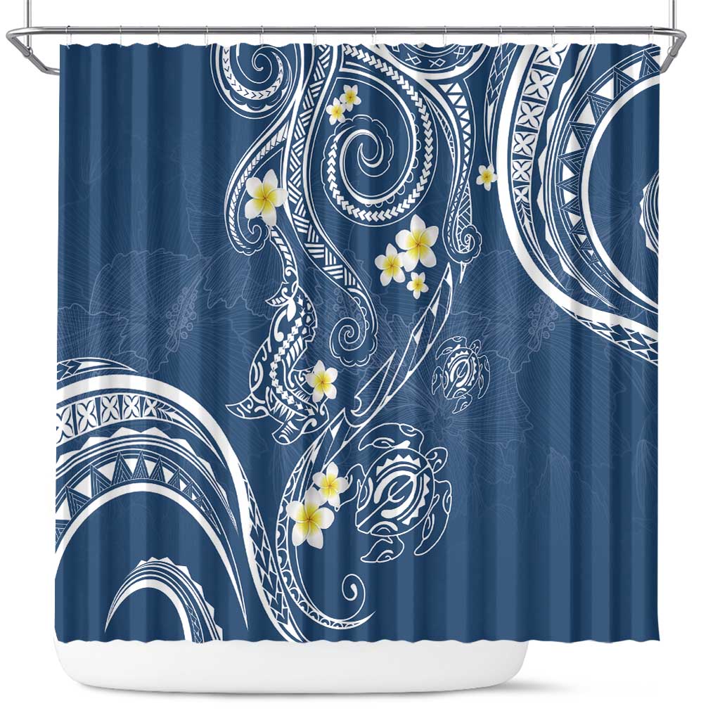 Polynesia Tribal Shower Curtain Deep Blue Plumeria Tentacles