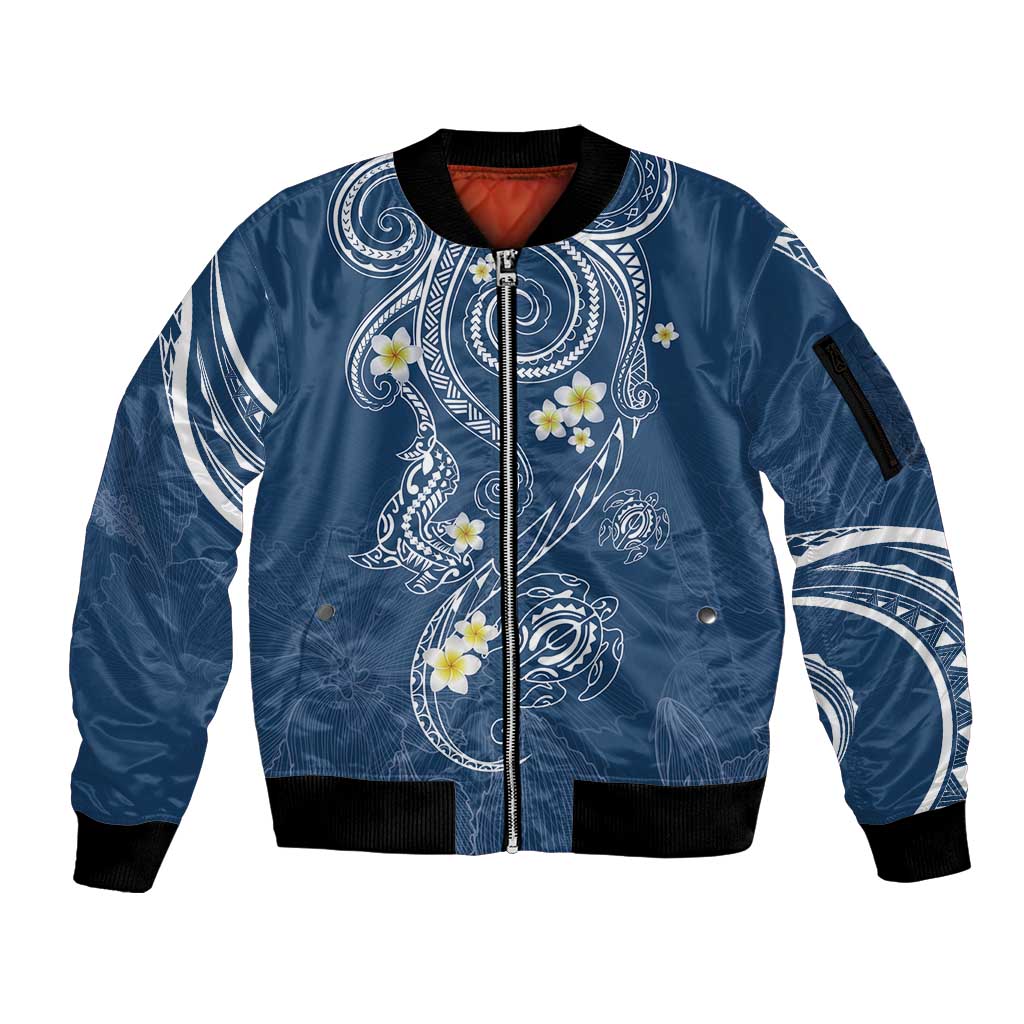Polynesia Tribal Sleeve Zip Bomber Jacket Deep Blue Plumeria Tentacles LT7 Unisex Blue - Polynesian Pride