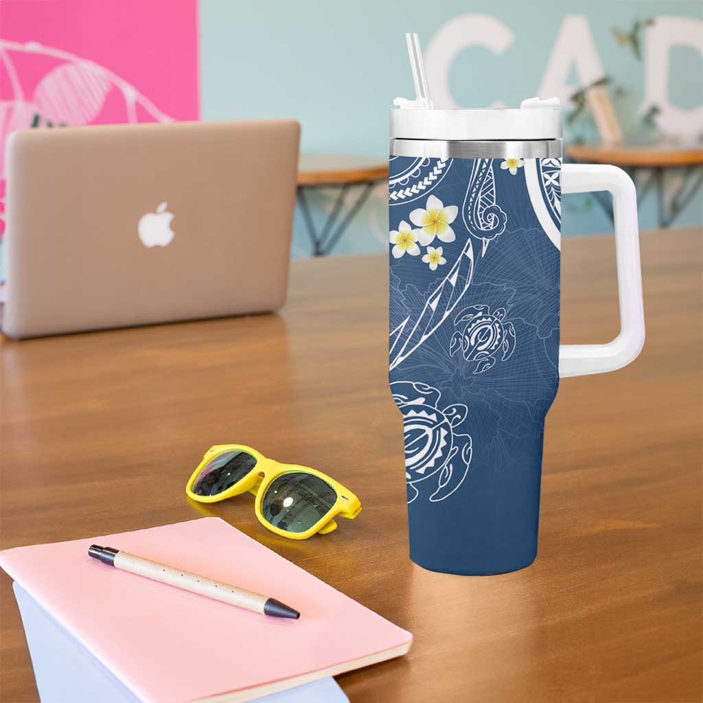 Polynesia Tribal Tumbler With Handle Deep Blue Plumeria Tentacles