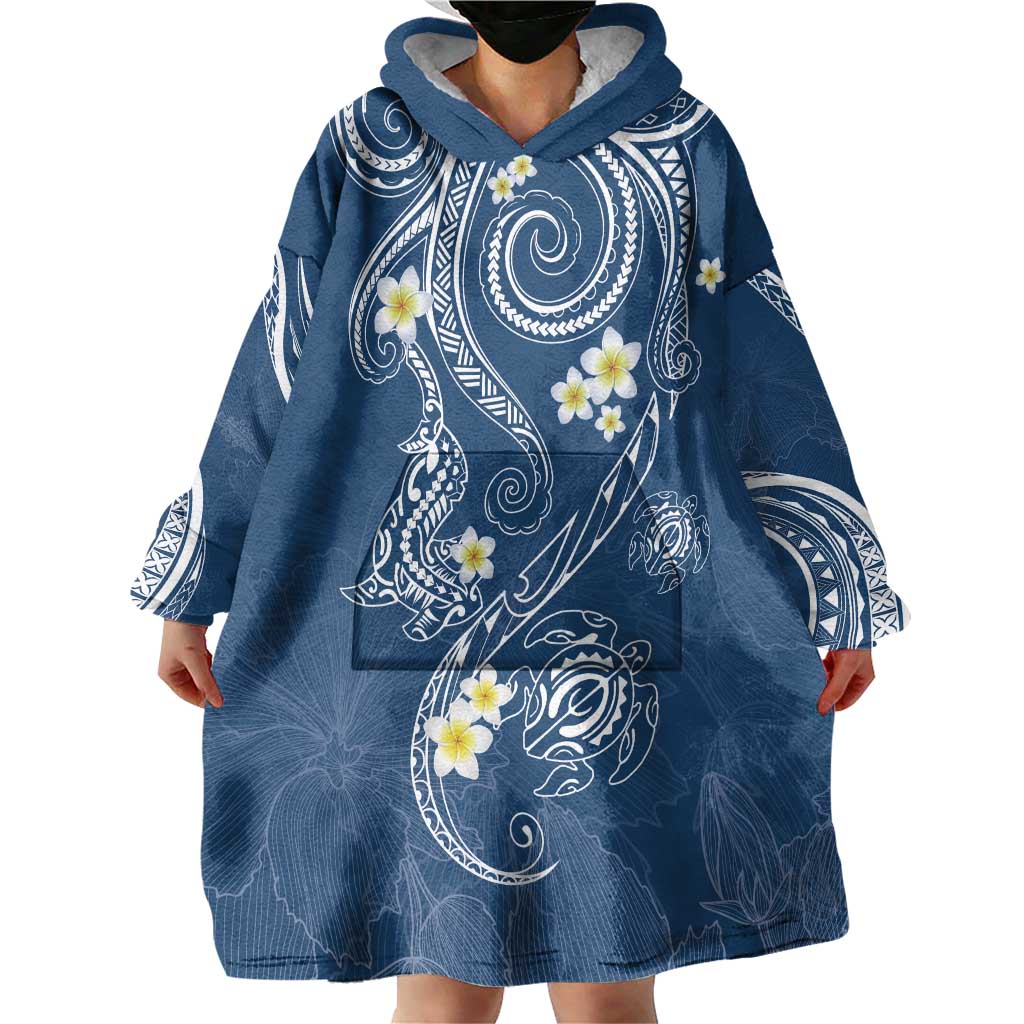 Polynesia Tribal Wearable Blanket Hoodie Deep Blue Plumeria Tentacles