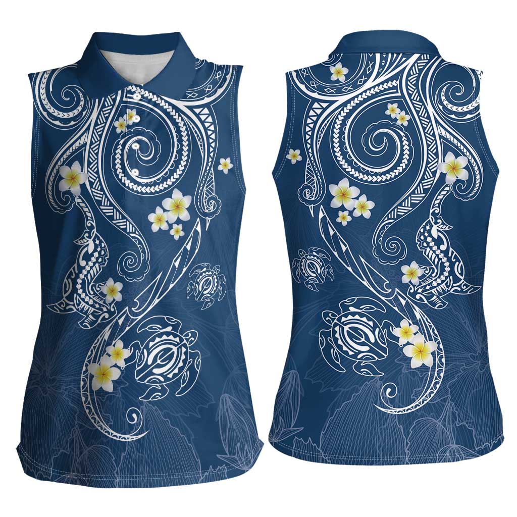 Polynesia Tribal Women Sleeveless Polo Shirt Deep Blue Plumeria Tentacles LT7 - Polynesian Pride