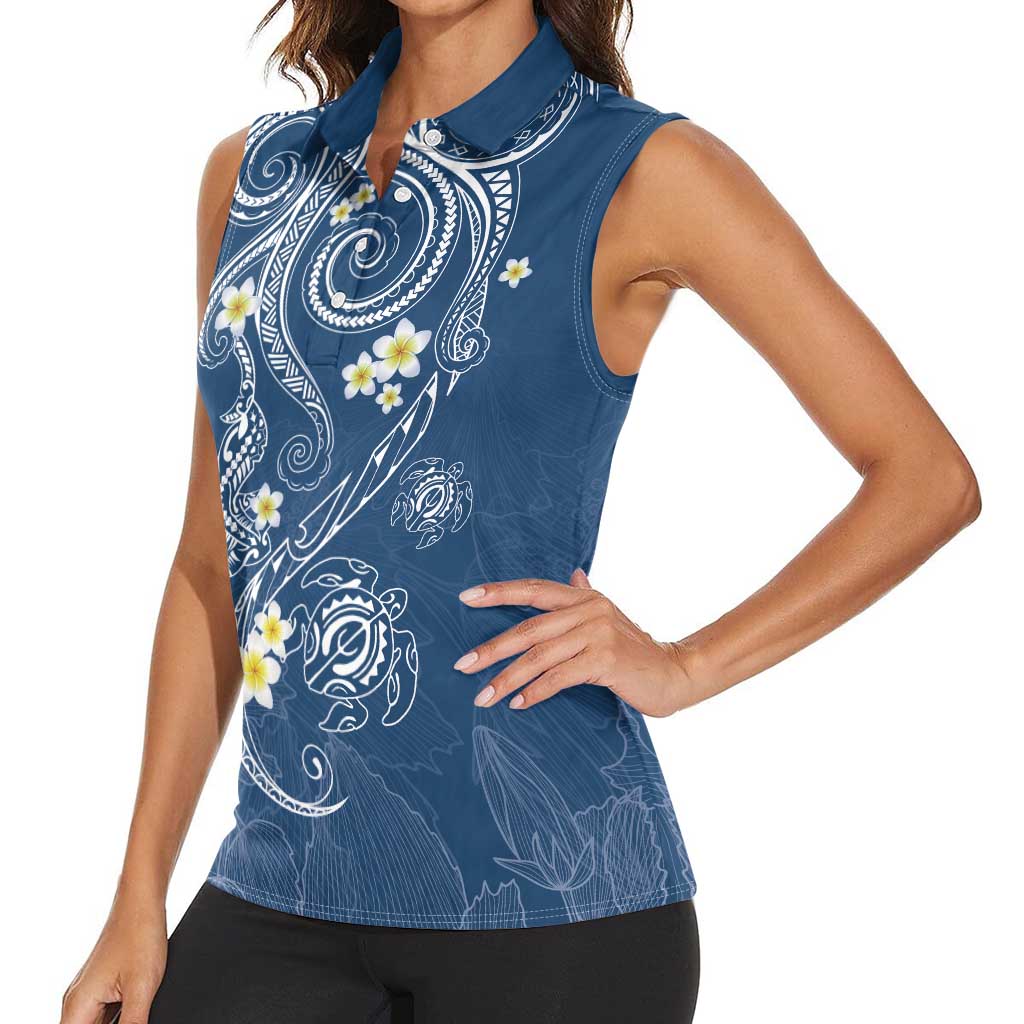 Polynesia Tribal Women Sleeveless Polo Shirt Deep Blue Plumeria Tentacles LT7 - Polynesian Pride