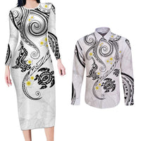 Polynesia Tribal Couples Matching Long Sleeve Bodycon Dress and Long Sleeve Button Shirt White Plumeria Tentacles