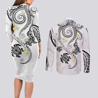 Polynesia Tribal Couples Matching Long Sleeve Bodycon Dress and Long Sleeve Button Shirt White Plumeria Tentacles
