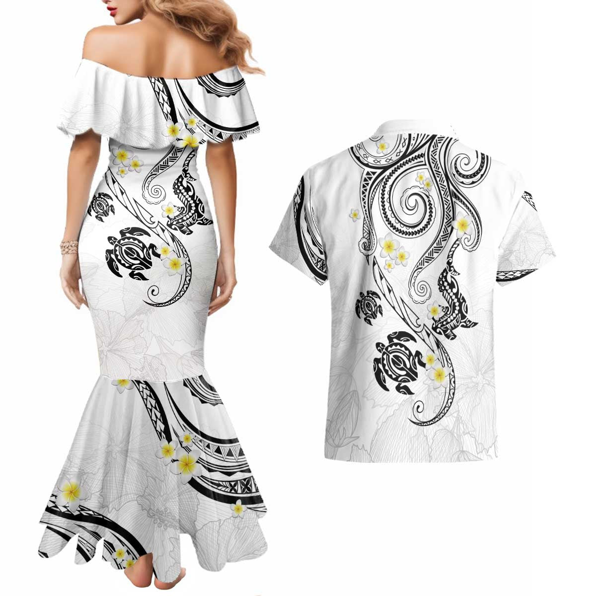 Polynesia Tribal Couples Matching Mermaid Dress and Hawaiian Shirt White Plumeria Tentacles