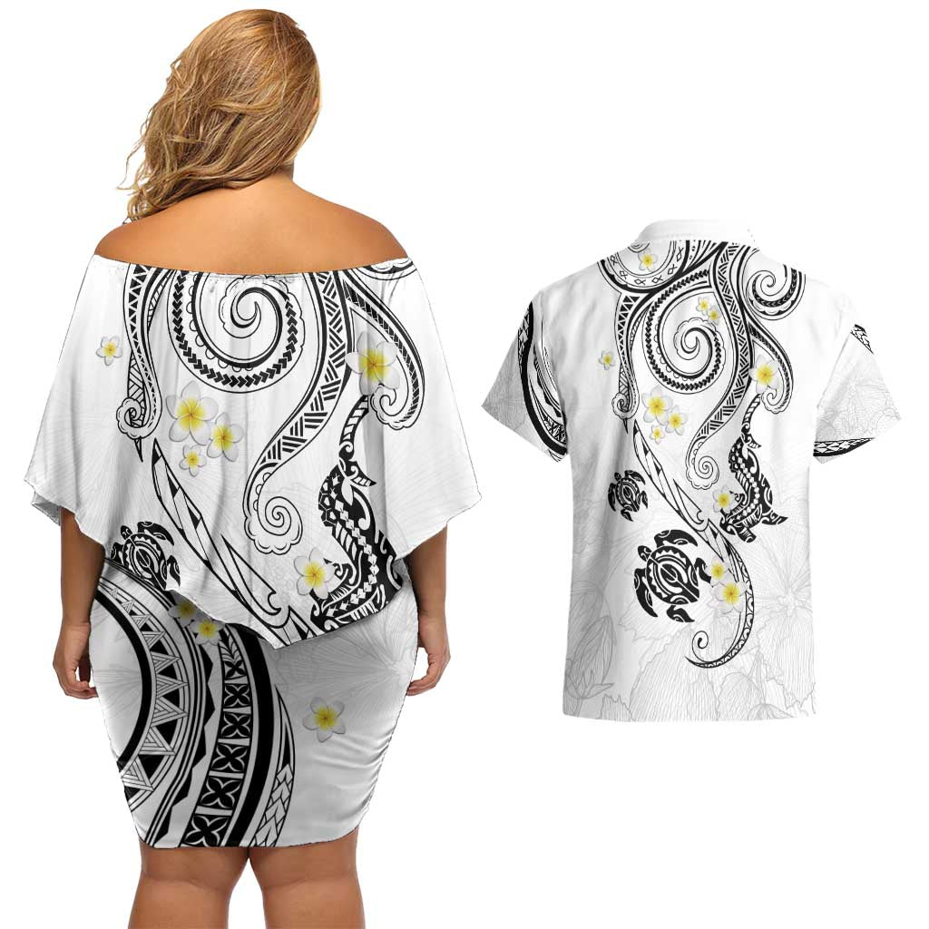 Polynesia Tribal Couples Matching Off Shoulder Short Dress and Hawaiian Shirt White Plumeria Tentacles
