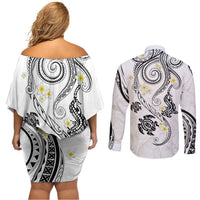 Polynesia Tribal Couples Matching Off Shoulder Short Dress and Long Sleeve Button Shirt White Plumeria Tentacles