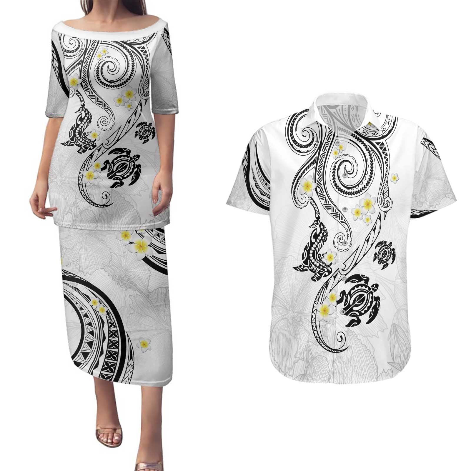 Polynesia Tribal Couples Matching Puletasi and Hawaiian Shirt White Plumeria Tentacles