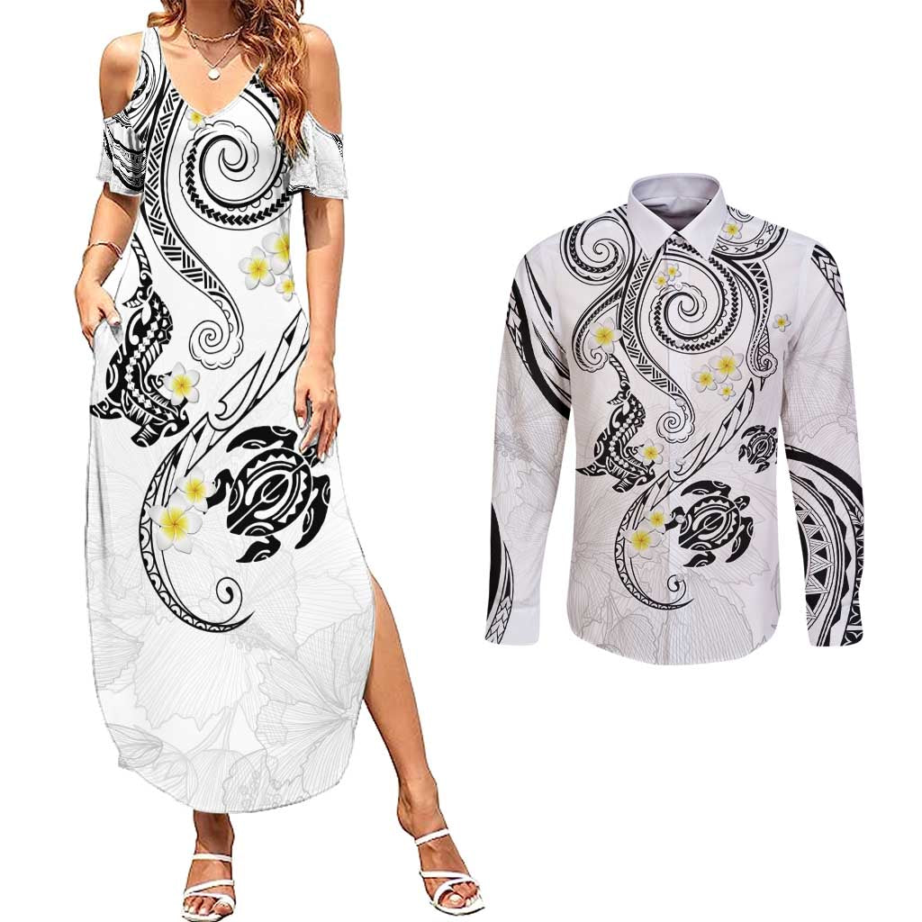 Polynesia Tribal Couples Matching Summer Maxi Dress and Long Sleeve Button Shirt White Plumeria Tentacles
