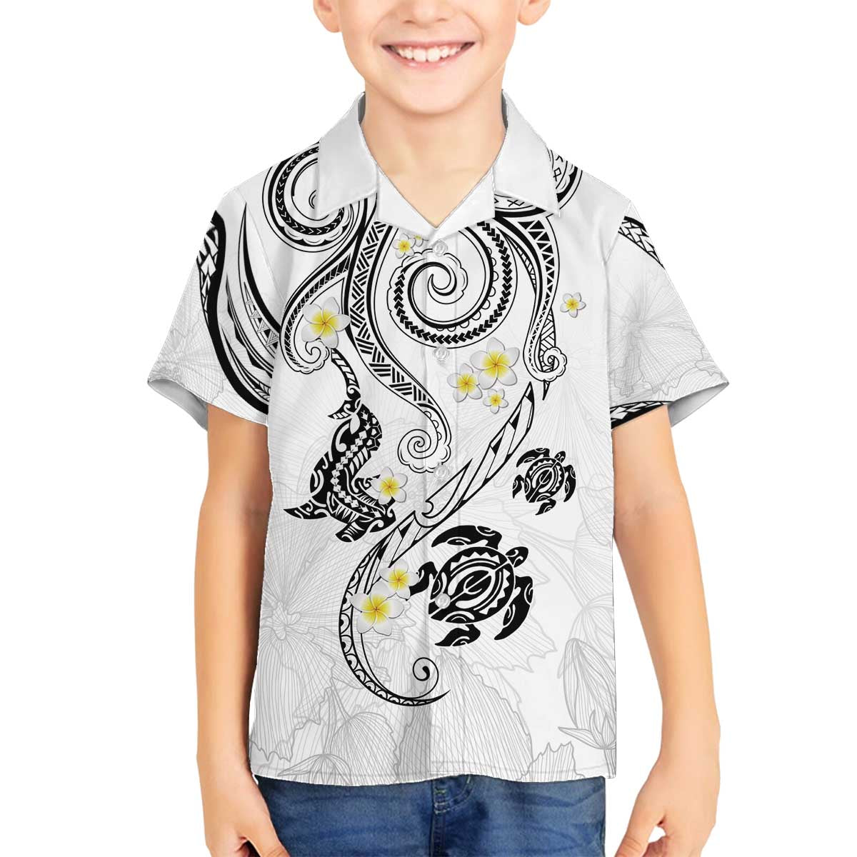 Polynesia Tribal Family Matching Off The Shoulder Long Sleeve Dress and Hawaiian Shirt White Plumeria Tentacles