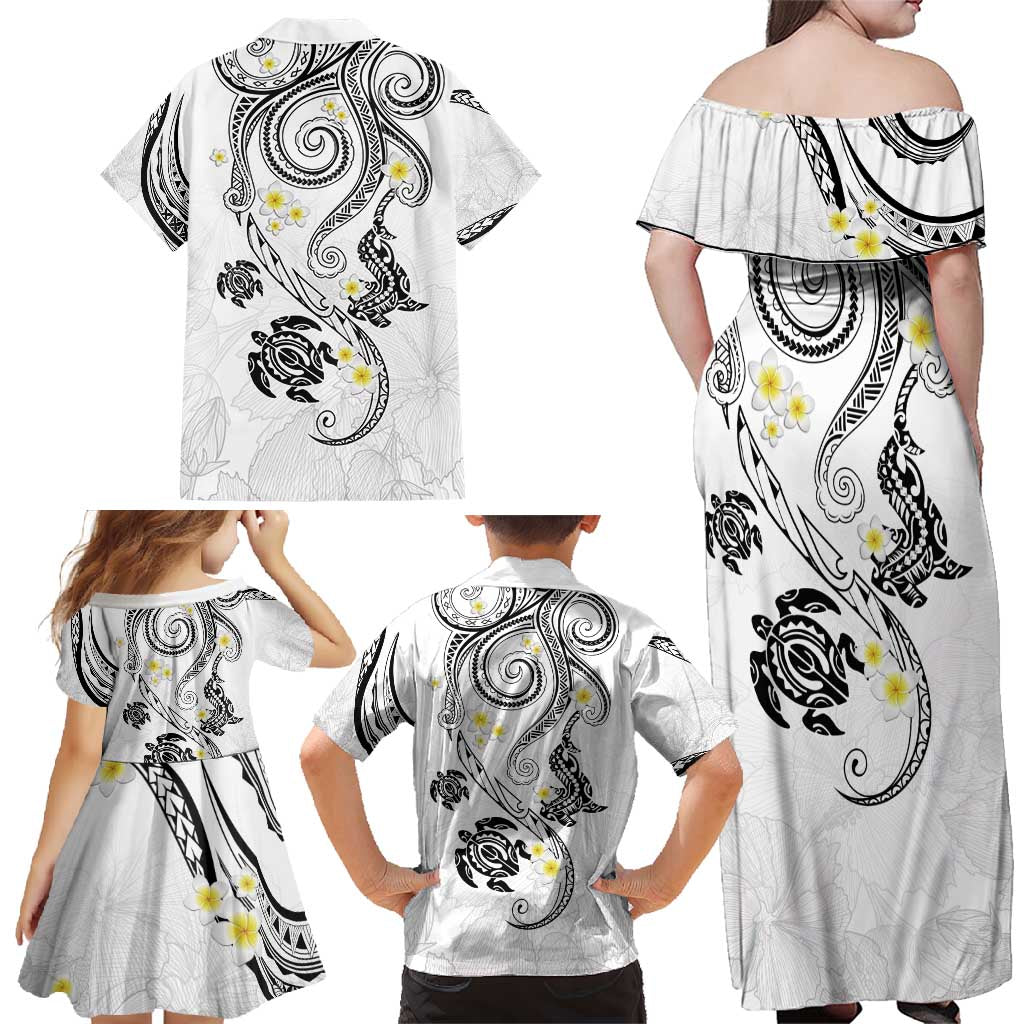 Polynesia Tribal Family Matching Off Shoulder Maxi Dress and Hawaiian Shirt White Plumeria Tentacles