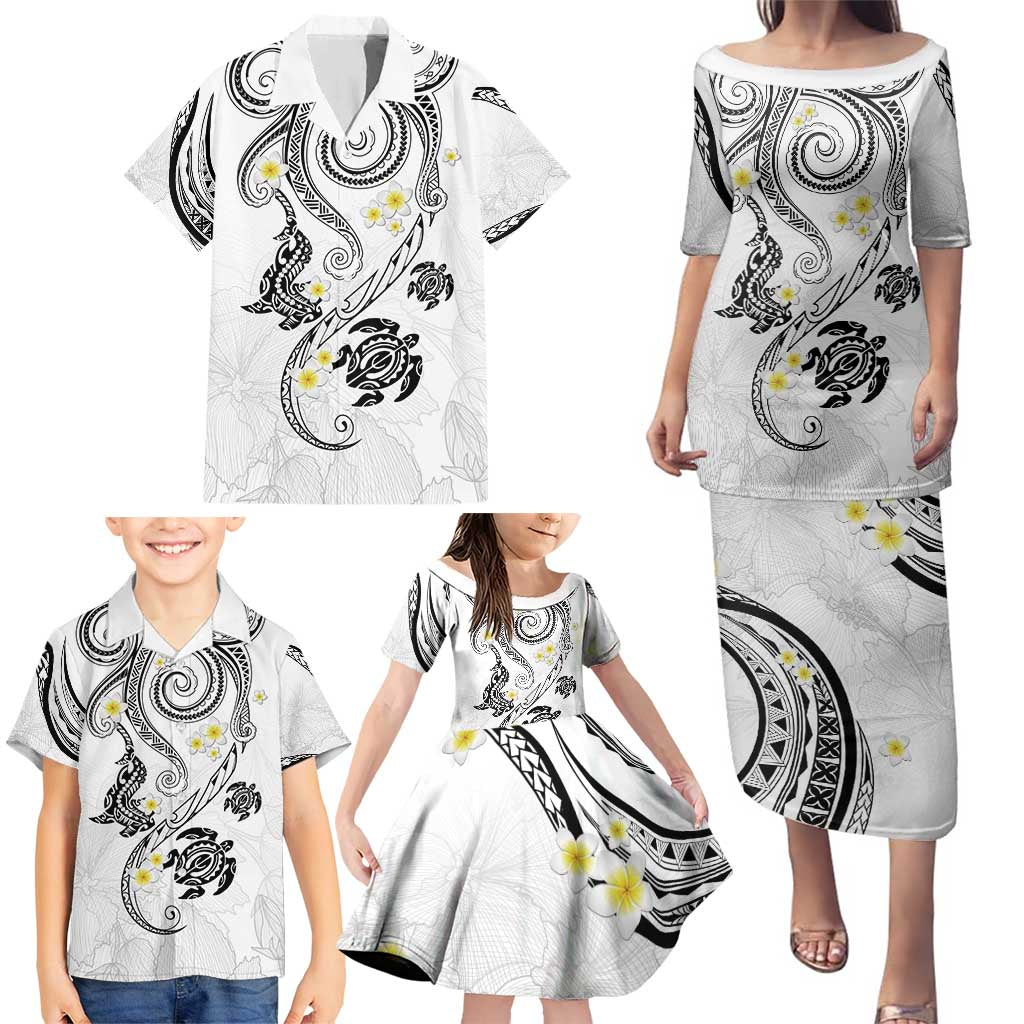 Polynesia Tribal Family Matching Puletasi and Hawaiian Shirt White Plumeria Tentacles