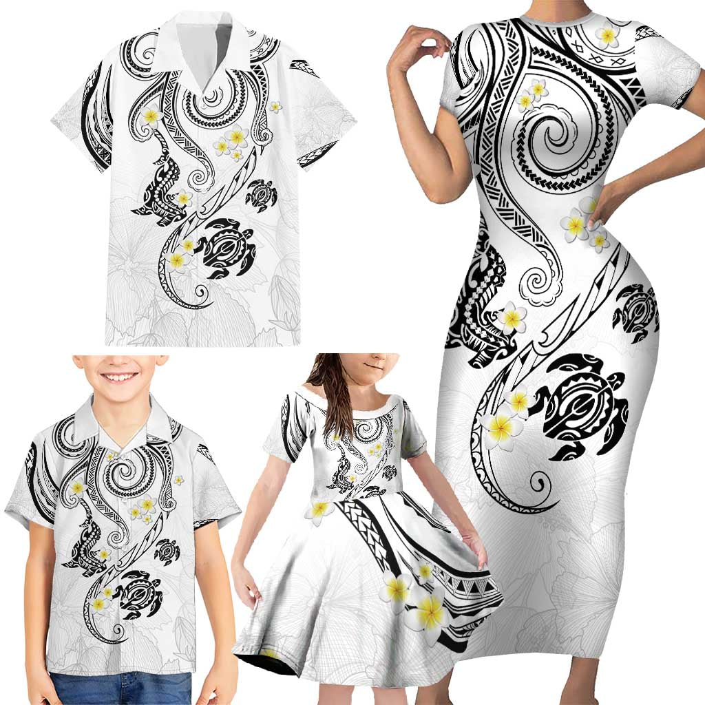 Polynesia Tribal Family Matching Short Sleeve Bodycon Dress and Hawaiian Shirt White Plumeria Tentacles