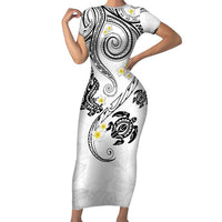 Polynesia Tribal Family Matching Short Sleeve Bodycon Dress and Hawaiian Shirt White Plumeria Tentacles