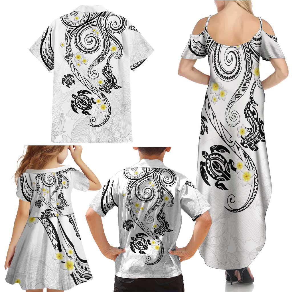 Polynesia Tribal Family Matching Summer Maxi Dress and Hawaiian Shirt White Plumeria Tentacles