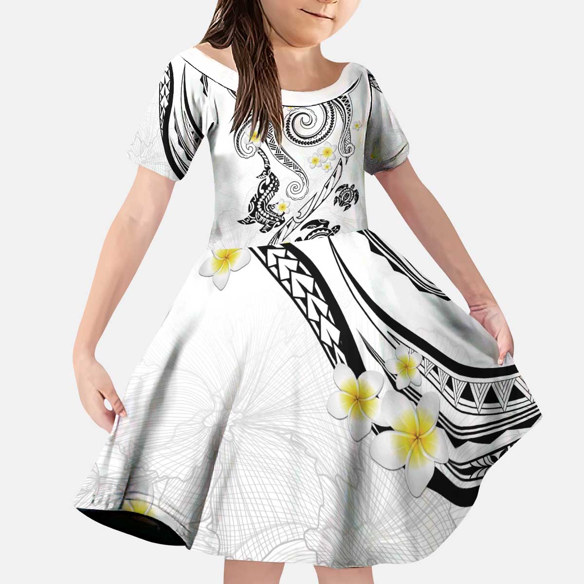 Polynesia Tribal Kid Short Sleeve Dress White Plumeria Tentacles