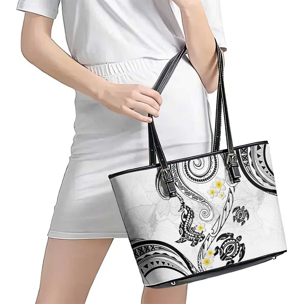 Polynesia Tribal Leather Tote Bag White Plumeria Tentacles