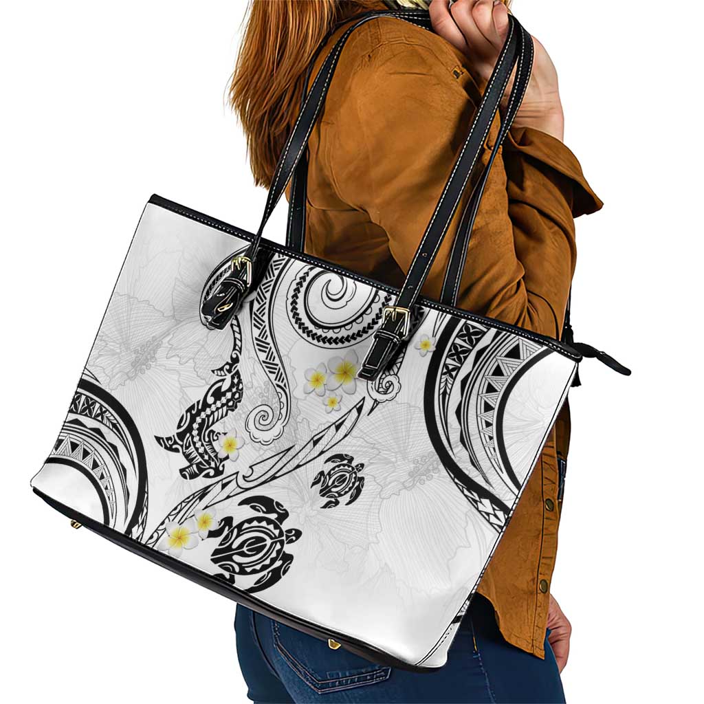 Polynesia Tribal Leather Tote Bag White Plumeria Tentacles
