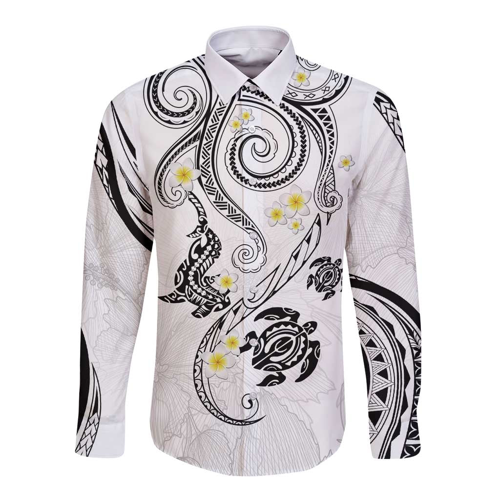 Polynesia Tribal Long Sleeve Button Shirt White Plumeria Tentacles LT7 Unisex White - Polynesian Pride