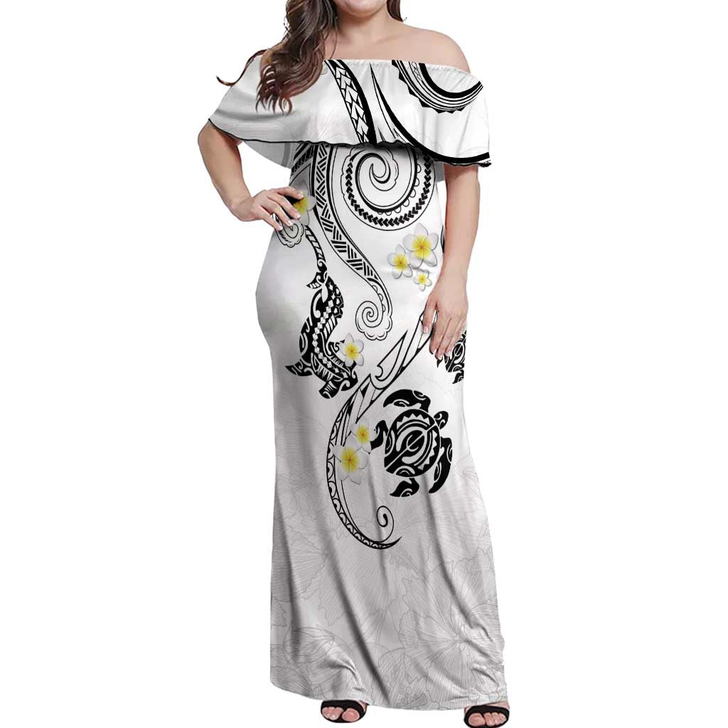 Polynesia Tribal Off Shoulder Maxi Dress White Plumeria Tentacles