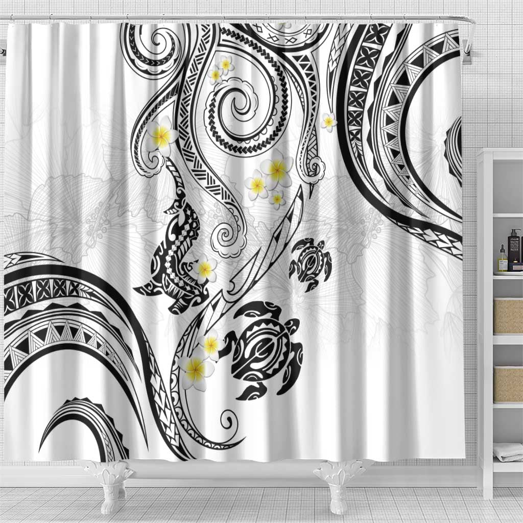Polynesia Tribal Shower Curtain White Plumeria Tentacles