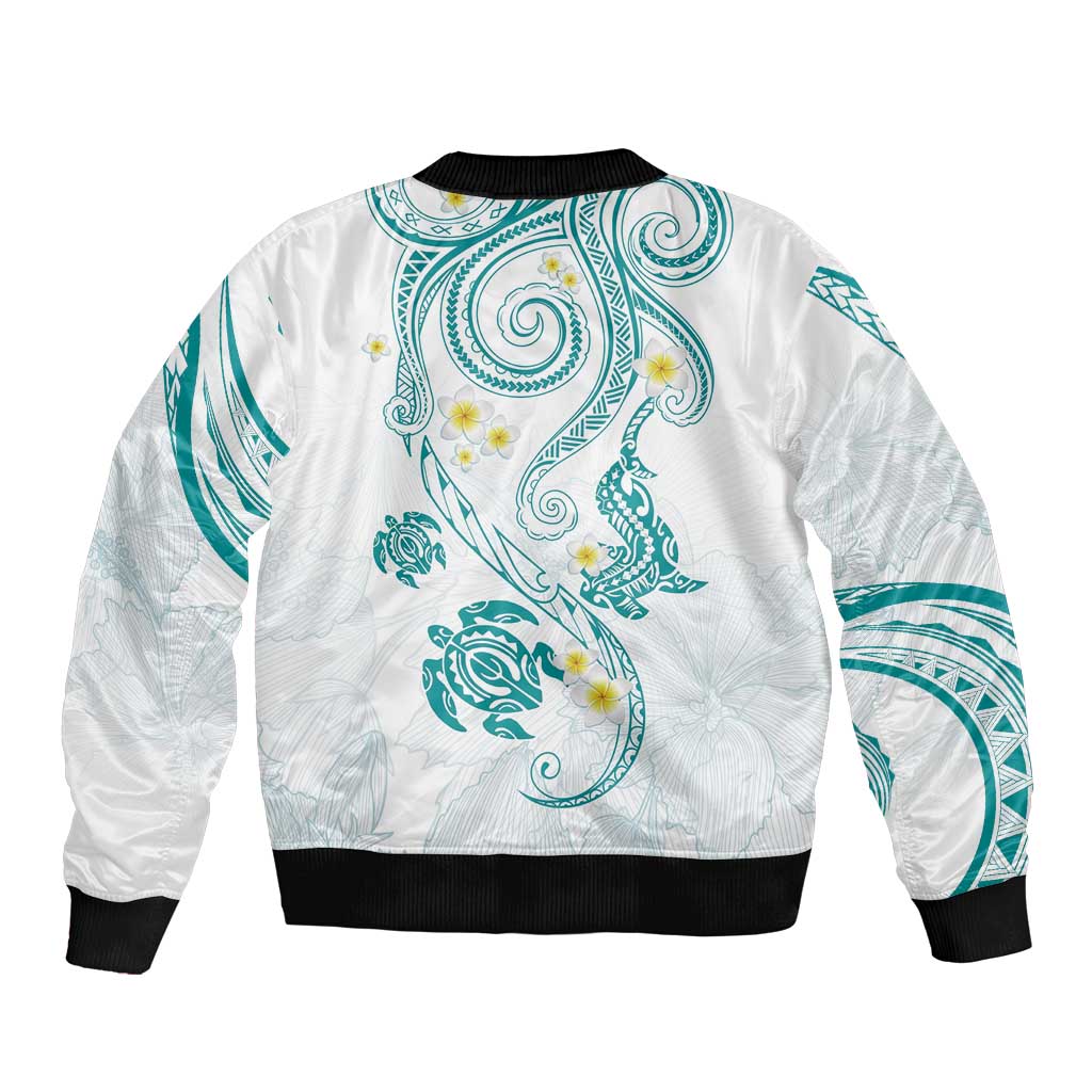 Polynesia Tribal Bomber Jacket Teal Plumeria Tentacles