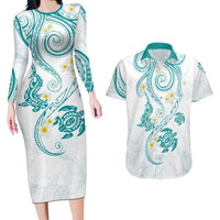 Polynesia Tribal Couples Matching Long Sleeve Bodycon Dress and Hawaiian Shirt Teal Plumeria Tentacles
