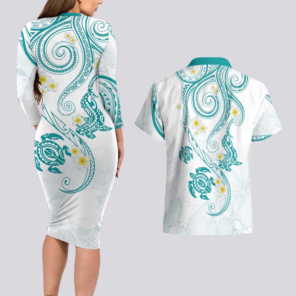Polynesia Tribal Couples Matching Long Sleeve Bodycon Dress and Hawaiian Shirt Teal Plumeria Tentacles