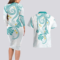 Polynesia Tribal Couples Matching Long Sleeve Bodycon Dress and Hawaiian Shirt Teal Plumeria Tentacles