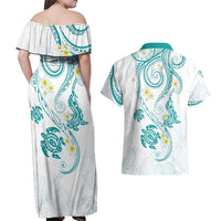 Polynesia Tribal Couples Matching Off Shoulder Maxi Dress and Hawaiian Shirt Teal Plumeria Tentacles
