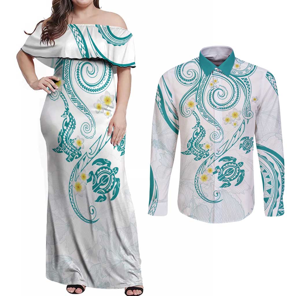 Polynesia Tribal Couples Matching Off Shoulder Maxi Dress and Long Sleeve Button Shirt Teal Plumeria Tentacles