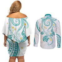 Polynesia Tribal Couples Matching Off Shoulder Short Dress and Long Sleeve Button Shirt Teal Plumeria Tentacles