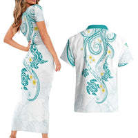 Polynesia Tribal Couples Matching Short Sleeve Bodycon Dress and Hawaiian Shirt Teal Plumeria Tentacles