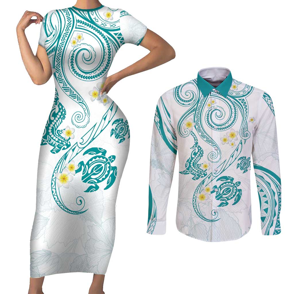 Polynesia Tribal Couples Matching Short Sleeve Bodycon Dress and Long Sleeve Button Shirt Teal Plumeria Tentacles