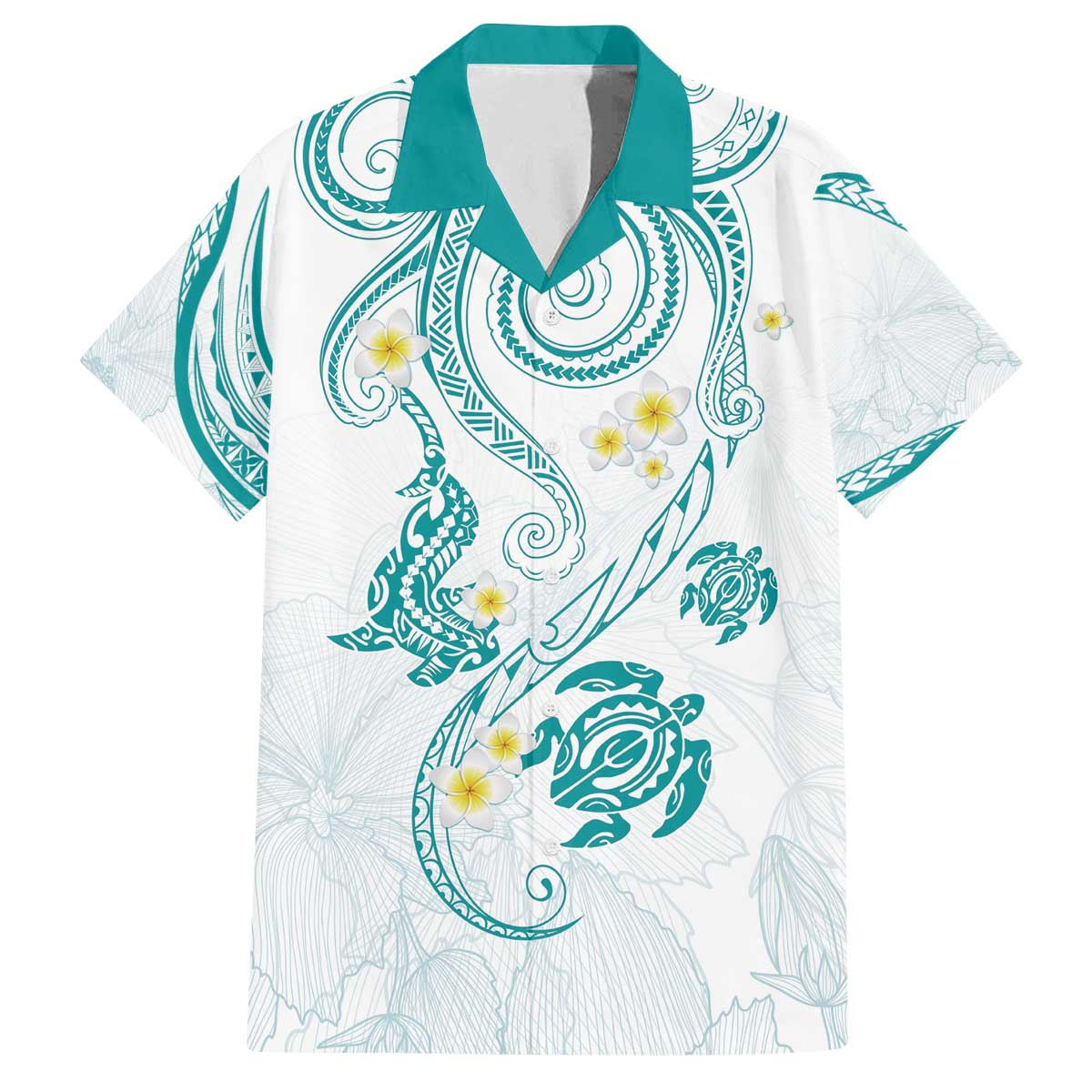 Polynesia Tribal Family Matching Off The Shoulder Long Sleeve Dress and Hawaiian Shirt Teal Plumeria Tentacles