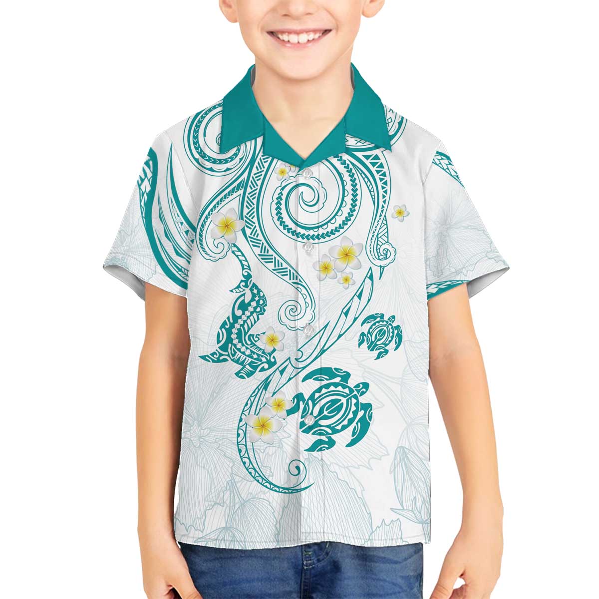 Polynesia Tribal Family Matching Off The Shoulder Long Sleeve Dress and Hawaiian Shirt Teal Plumeria Tentacles