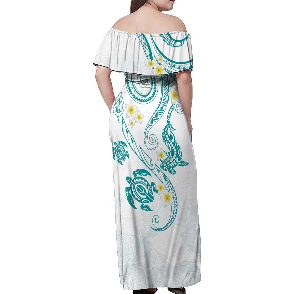 Polynesia Tribal Family Matching Off Shoulder Maxi Dress and Hawaiian Shirt Teal Plumeria Tentacles